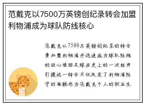 范戴克以7500万英镑创纪录转会加盟利物浦成为球队防线核心