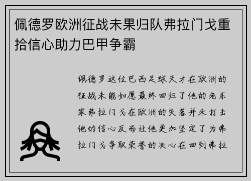 佩德罗欧洲征战未果归队弗拉门戈重拾信心助力巴甲争霸