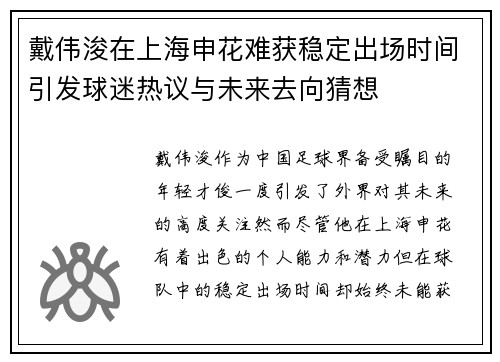 戴伟浚在上海申花难获稳定出场时间引发球迷热议与未来去向猜想