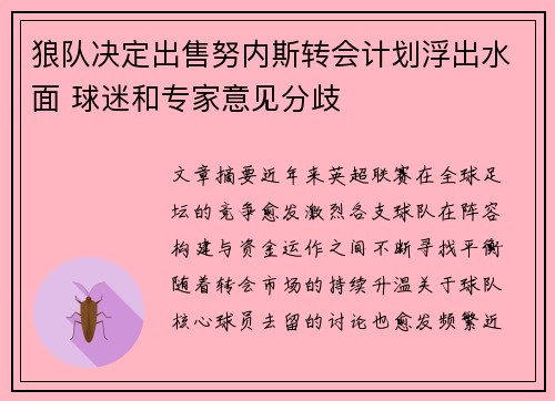 狼队决定出售努内斯转会计划浮出水面 球迷和专家意见分歧 狼队决定出售努内斯转会计划浮出水面 球迷和专家意见分歧